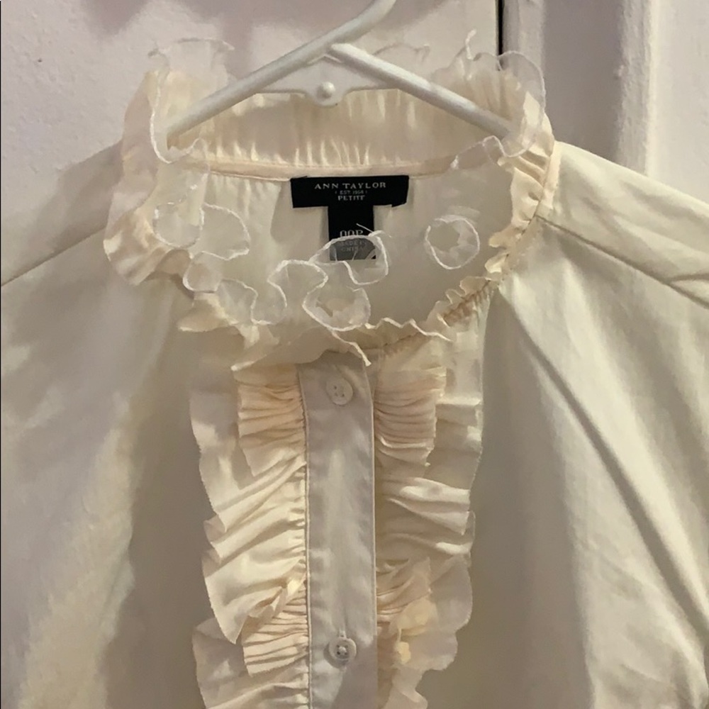 Ann Taylor Cream Ruffle Front Button-Down Shirt - Picture 3 of 7